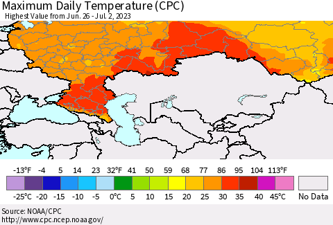 Russian Federation Maximum Daily Temperature (CPC) Thematic Map For 6/26/2023 - 7/2/2023