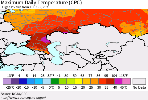 Russian Federation Maximum Daily Temperature (CPC) Thematic Map For 7/3/2023 - 7/9/2023