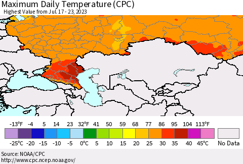 Russian Federation Maximum Daily Temperature (CPC) Thematic Map For 7/17/2023 - 7/23/2023