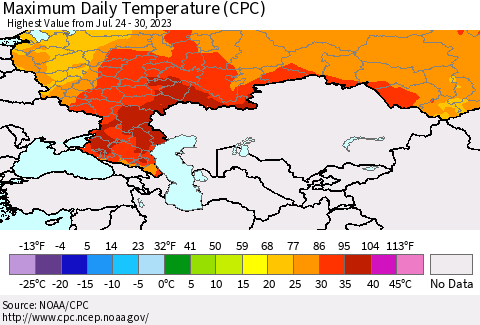 Russian Federation Maximum Daily Temperature (CPC) Thematic Map For 7/24/2023 - 7/30/2023