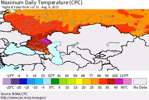 Russian Federation Maximum Daily Temperature (CPC) Thematic Map For 7/31/2023 - 8/6/2023