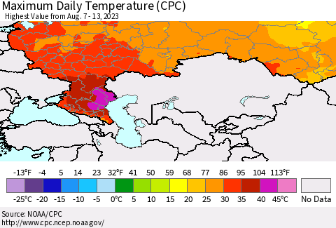 Russian Federation Maximum Daily Temperature (CPC) Thematic Map For 8/7/2023 - 8/13/2023