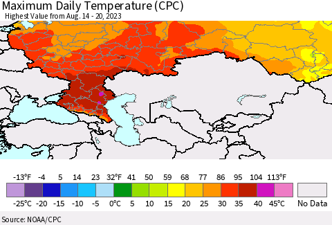 Russian Federation Maximum Daily Temperature (CPC) Thematic Map For 8/14/2023 - 8/20/2023