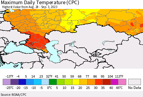 Russian Federation Maximum Daily Temperature (CPC) Thematic Map For 8/28/2023 - 9/3/2023