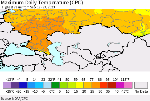 Russian Federation Maximum Daily Temperature (CPC) Thematic Map For 9/18/2023 - 9/24/2023