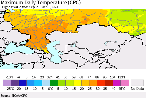Russian Federation Maximum Daily Temperature (CPC) Thematic Map For 9/25/2023 - 10/1/2023