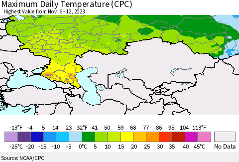 Russian Federation Maximum Daily Temperature (CPC) Thematic Map For 11/6/2023 - 11/12/2023