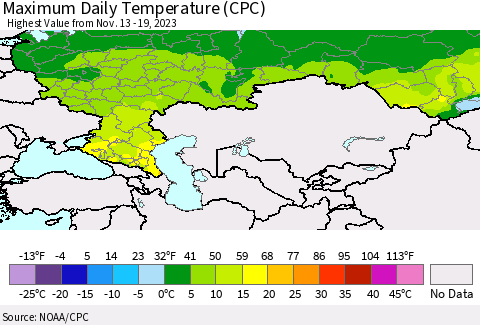 Russian Federation Maximum Daily Temperature (CPC) Thematic Map For 11/13/2023 - 11/19/2023