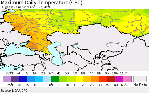 Russian Federation Maximum Daily Temperature (CPC) Thematic Map For 4/1/2024 - 4/7/2024