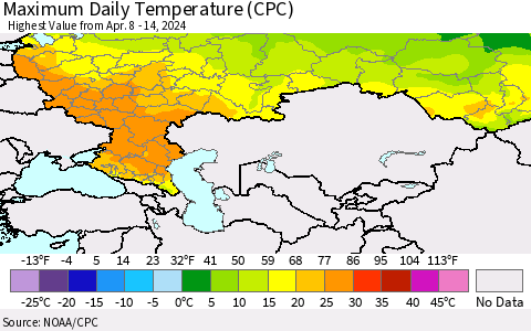Russian Federation Maximum Daily Temperature (CPC) Thematic Map For 4/8/2024 - 4/14/2024