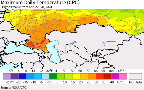 Russian Federation Maximum Daily Temperature (CPC) Thematic Map For 4/22/2024 - 4/28/2024