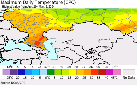 Russian Federation Maximum Daily Temperature (CPC) Thematic Map For 4/29/2024 - 5/5/2024