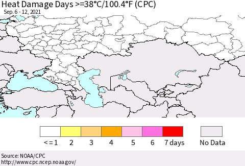 Russian Federation Heat Damage Days >=38°C/100°F (CPC) Thematic Map For 9/6/2021 - 9/12/2021