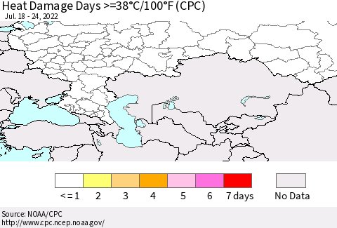 Russian Federation Heat Damage Days >=38°C/100°F (CPC) Thematic Map For 7/18/2022 - 7/24/2022
