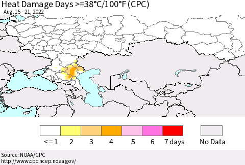 Russian Federation Heat Damage Days >=38°C/100°F (CPC) Thematic Map For 8/15/2022 - 8/21/2022