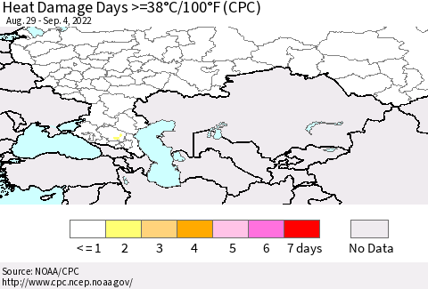 Russian Federation Heat Damage Days >=38°C/100°F (CPC) Thematic Map For 8/29/2022 - 9/4/2022
