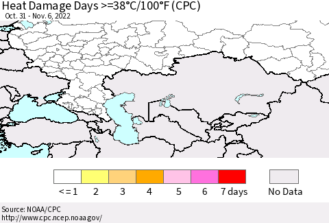 Russian Federation Heat Damage Days >=38°C/100°F (CPC) Thematic Map For 10/31/2022 - 11/6/2022