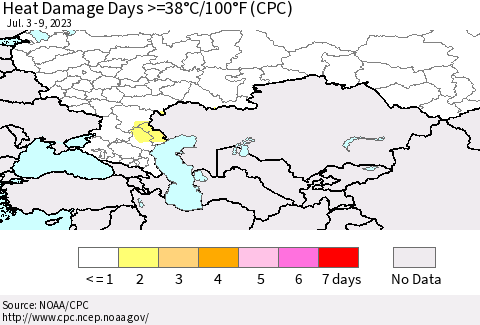 Russian Federation Heat Damage Days >=38°C/100°F (CPC) Thematic Map For 7/3/2023 - 7/9/2023