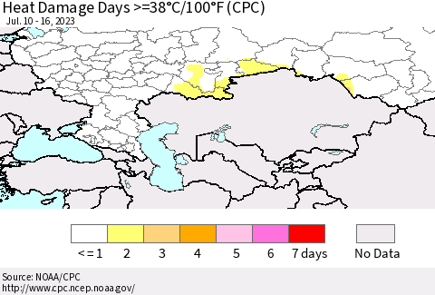 Russian Federation Heat Damage Days >=38°C/100°F (CPC) Thematic Map For 7/10/2023 - 7/16/2023