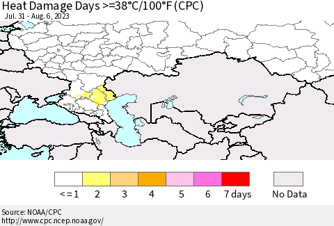 Russian Federation Heat Damage Days >=38°C/100°F (CPC) Thematic Map For 7/31/2023 - 8/6/2023