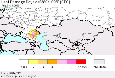Russian Federation Heat Damage Days >=38°C/100°F (CPC) Thematic Map For 8/7/2023 - 8/13/2023