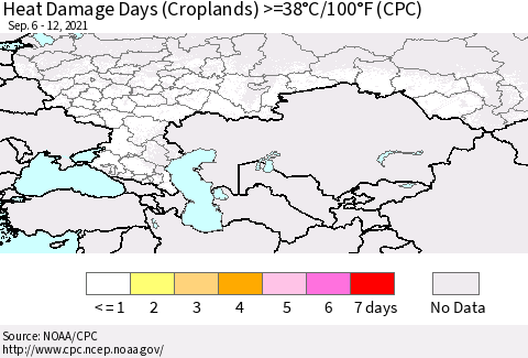 Russian Federation Heat Damage Days (Croplands) >=38°C/100°F (CPC) Thematic Map For 9/6/2021 - 9/12/2021