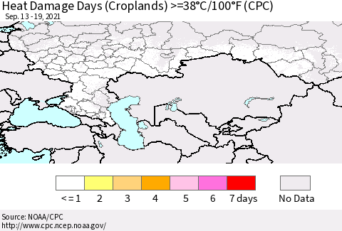 Russian Federation Heat Damage Days (Croplands) >=38°C/100°F (CPC) Thematic Map For 9/13/2021 - 9/19/2021