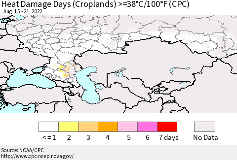 Russian Federation Heat Damage Days (Croplands) >=38°C/100°F (CPC) Thematic Map For 8/15/2022 - 8/21/2022