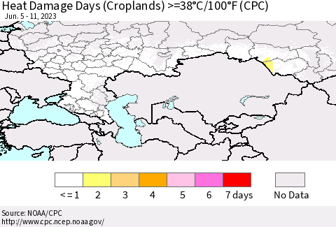 Russian Federation Heat Damage Days (Croplands) >=38°C/100°F (CPC) Thematic Map For 6/5/2023 - 6/11/2023