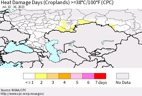 Russian Federation Heat Damage Days (Croplands) >=38°C/100°F (CPC) Thematic Map For 7/10/2023 - 7/16/2023