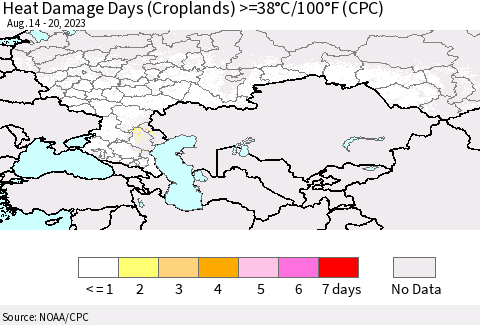 Russian Federation Heat Damage Days (Croplands) >=38°C/100°F (CPC) Thematic Map For 8/14/2023 - 8/20/2023