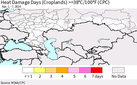 Russian Federation Heat Damage Days (Croplands) >=38°C/100°F (CPC) Thematic Map For 4/1/2024 - 4/7/2024