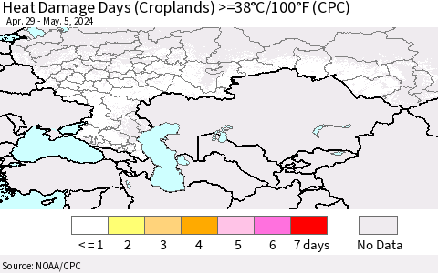 Russian Federation Heat Damage Days (Croplands) >=38°C/100°F (CPC) Thematic Map For 4/29/2024 - 5/5/2024