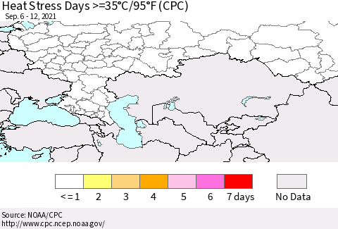 Russian Federation Heat Stress Days >=35°C/95°F (CPC) Thematic Map For 9/6/2021 - 9/12/2021