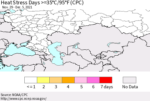 Russian Federation Heat Stress Days >=35°C/95°F (CPC) Thematic Map For 11/29/2021 - 12/5/2021