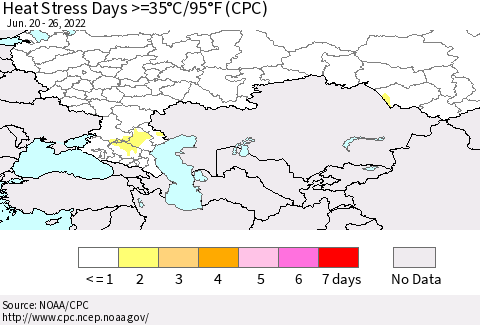 Russian Federation Heat Stress Days >=35°C/95°F (CPC) Thematic Map For 6/20/2022 - 6/26/2022