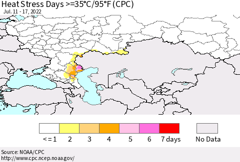 Russian Federation Heat Stress Days >=35°C/95°F (CPC) Thematic Map For 7/11/2022 - 7/17/2022