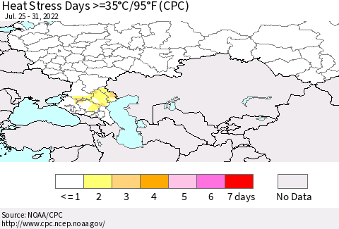 Russian Federation Heat Stress Days >=35°C/95°F (CPC) Thematic Map For 7/25/2022 - 7/31/2022