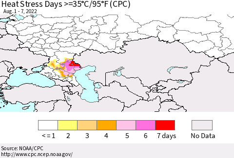 Russian Federation Heat Stress Days >=35°C/95°F (CPC) Thematic Map For 8/1/2022 - 8/7/2022