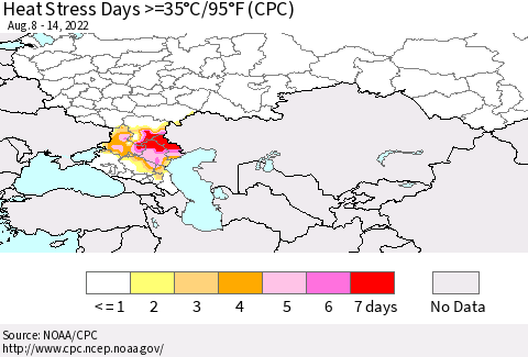 Russian Federation Heat Stress Days >=35°C/95°F (CPC) Thematic Map For 8/8/2022 - 8/14/2022