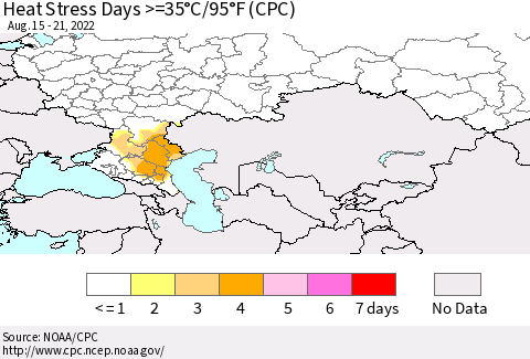 Russian Federation Heat Stress Days >=35°C/95°F (CPC) Thematic Map For 8/15/2022 - 8/21/2022