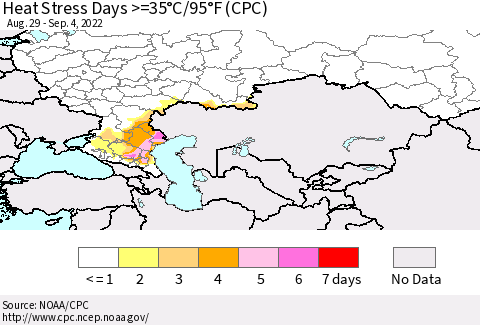 Russian Federation Heat Stress Days >=35°C/95°F (CPC) Thematic Map For 8/29/2022 - 9/4/2022