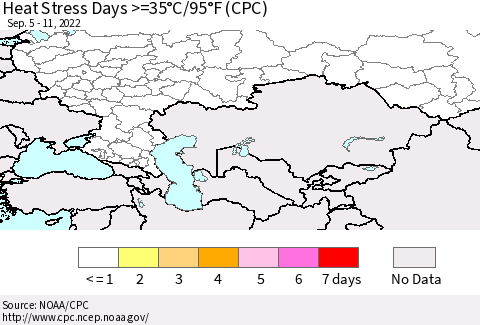 Russian Federation Heat Stress Days >=35°C/95°F (CPC) Thematic Map For 9/5/2022 - 9/11/2022