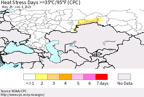 Russian Federation Heat Stress Days >=35°C/95°F (CPC) Thematic Map For 5/29/2023 - 6/4/2023