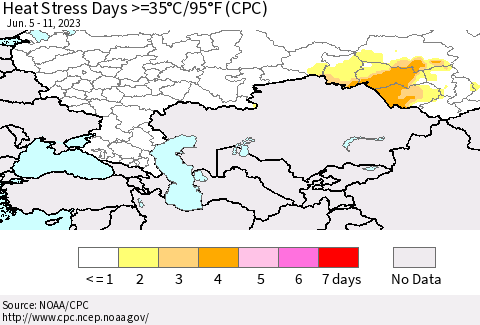 Russian Federation Heat Stress Days >=35°C/95°F (CPC) Thematic Map For 6/5/2023 - 6/11/2023