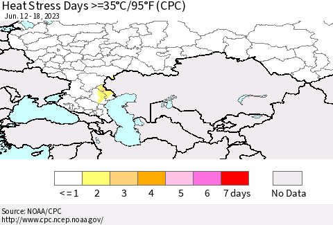Russian Federation Heat Stress Days >=35°C/95°F (CPC) Thematic Map For 6/12/2023 - 6/18/2023