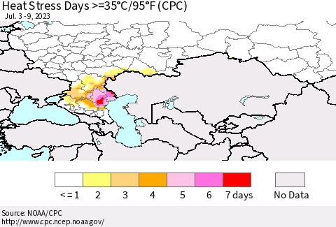 Russian Federation Heat Stress Days >=35°C/95°F (CPC) Thematic Map For 7/3/2023 - 7/9/2023