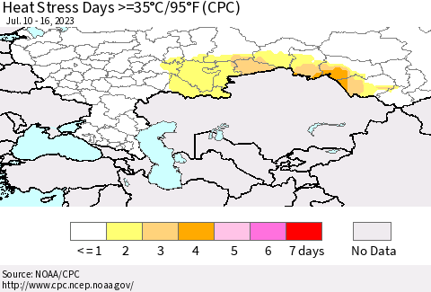 Russian Federation Heat Stress Days >=35°C/95°F (CPC) Thematic Map For 7/10/2023 - 7/16/2023