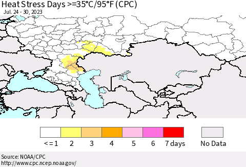 Russian Federation Heat Stress Days >=35°C/95°F (CPC) Thematic Map For 7/24/2023 - 7/30/2023