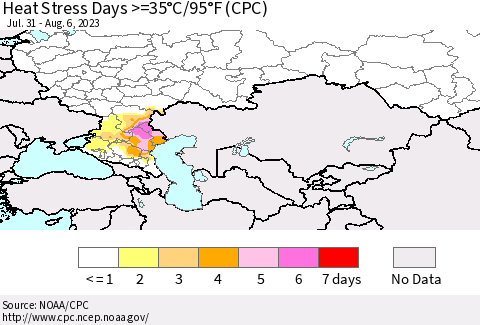 Russian Federation Heat Stress Days >=35°C/95°F (CPC) Thematic Map For 7/31/2023 - 8/6/2023